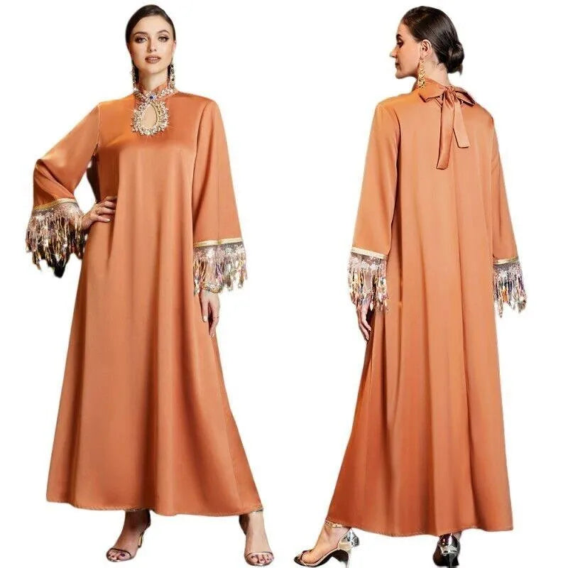 Gradient Tassel Abaya Dress Women Chic Hand Sew Rhinestone Hollow out Stand Collar Long Sleeve Arab Dubai Party Robe