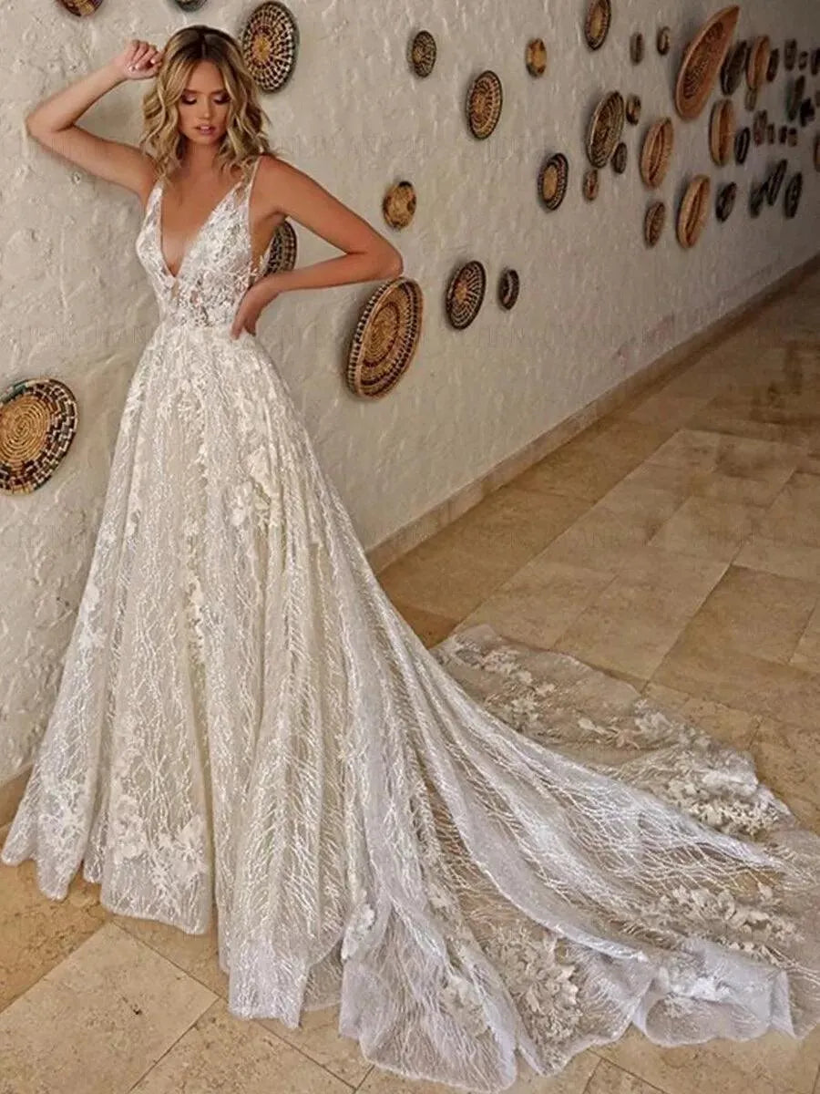 LORIE Ivory Lace Glitter Wedding Dresses Shiny Tulle Beach Bridal Dresses Boho Elegant Wedding Party Gowns Open Back Long Train Boho
