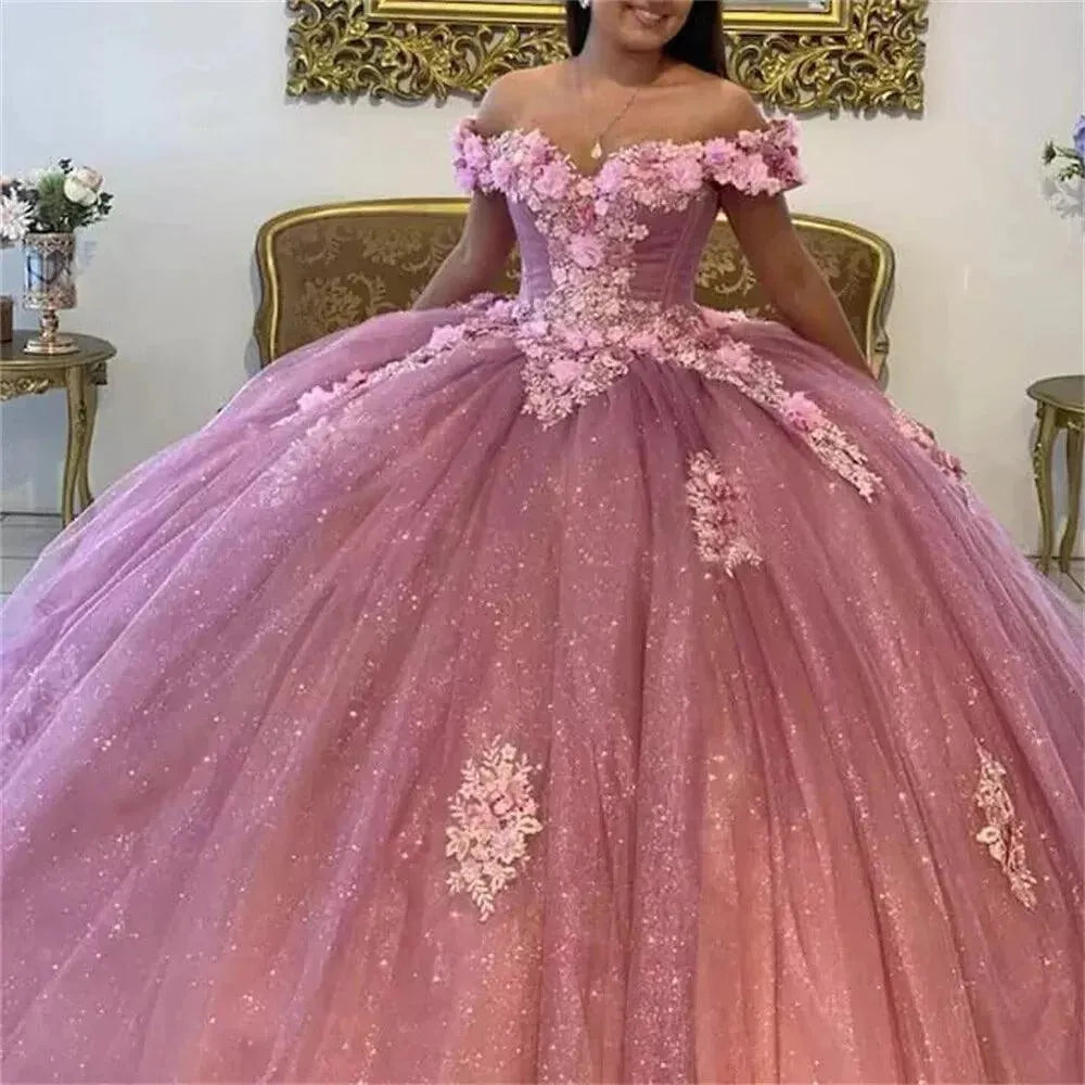 Quince Dress | Glittering Off-Shoulder Quinceanera Dress Flower Appliques Ball Gown Vestidos De 15 Birthday Party Gowns Corset Picture Pink