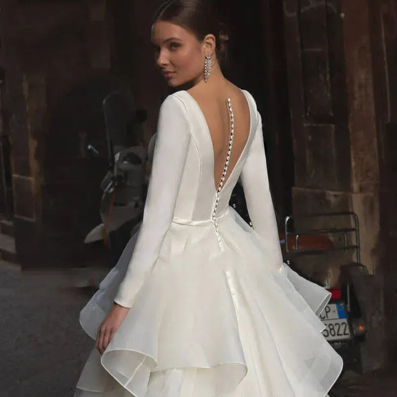 Gorgeous Wedding Dresses V-Neck Backless Modern Bridal Robes Long Sleeves Tiered Pleat Gowns Luxury Vestidos De Novia As Pictures