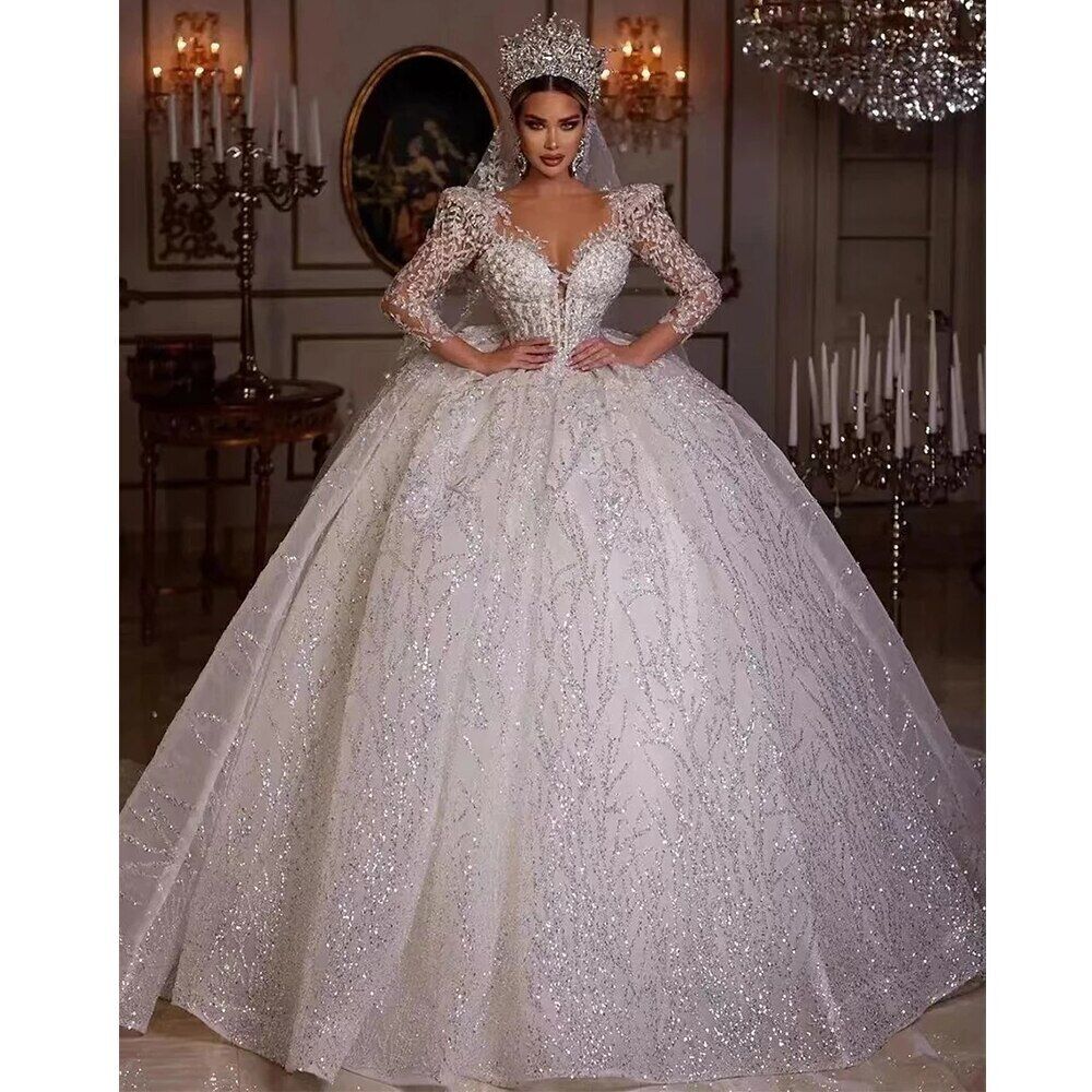 Ball Gown Royal Wedding Dresses Sweetheart Long Sleeve Robe De Mariee Lace Beaded Princess Glitter Vestido De Novia