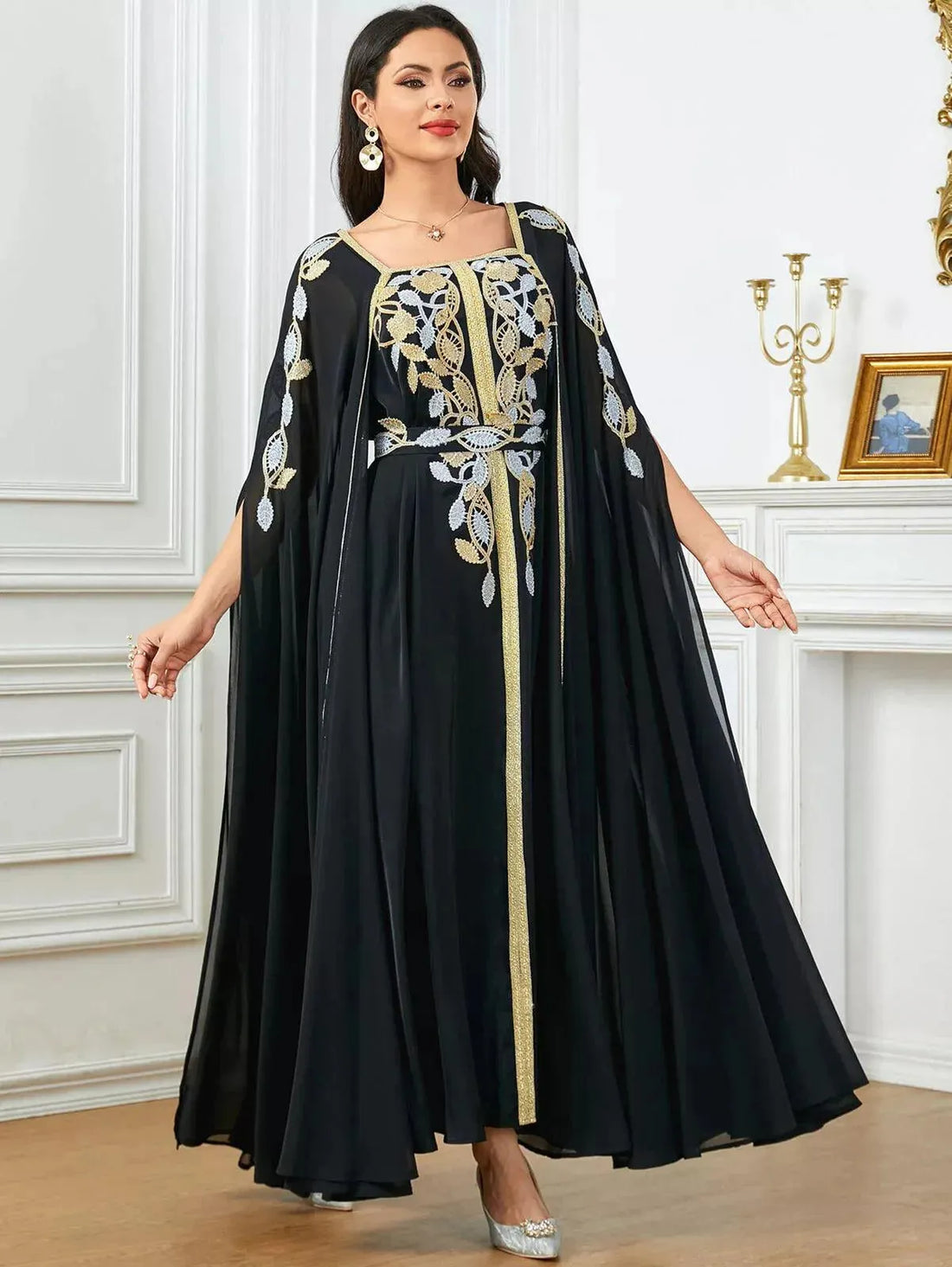 Elegant Casual Super Long Sleeve Party Gown Moroccan Saudi Appliques Belted Dresses Turkish African Abayas Arab Kaftan Black Dress