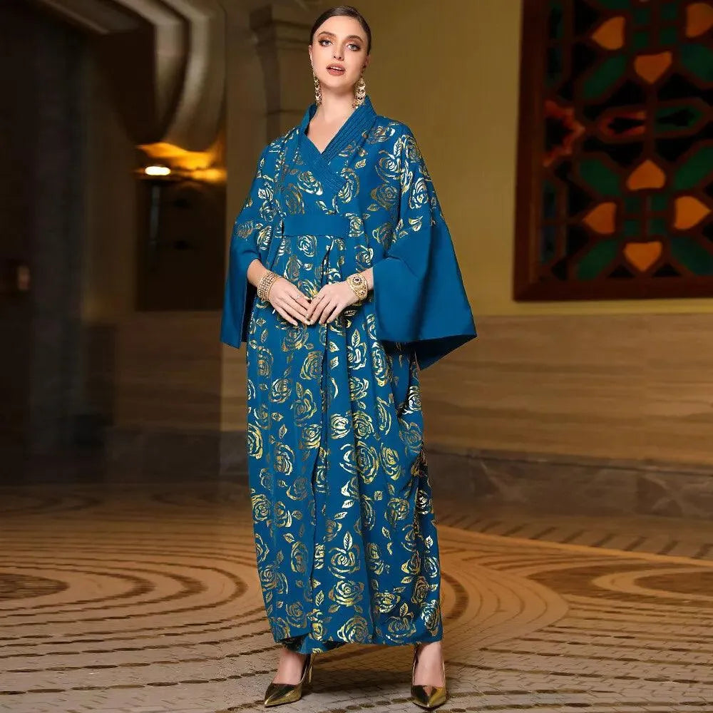 Baju Muslim For Woman Vintage Print Casual Loose Kimono Abaya Dolman Sleeve Belted Religious Robes Ramadan Wear