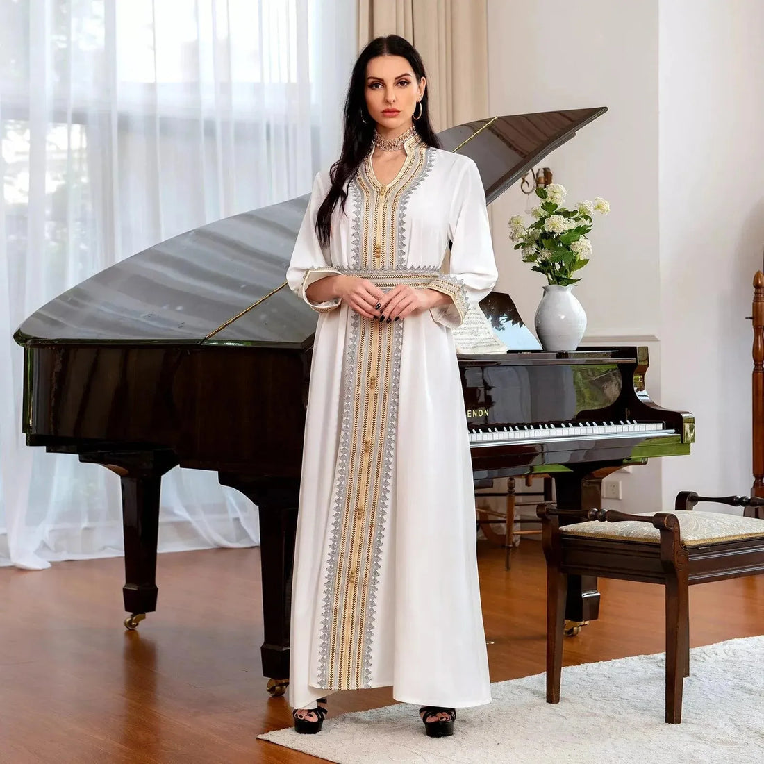 Abayas Moroccan Solid Lace Tape Notched V-Neck Full Sleeve Casual Belted Clothing Muslim Long Modest Dresses Women White Dress