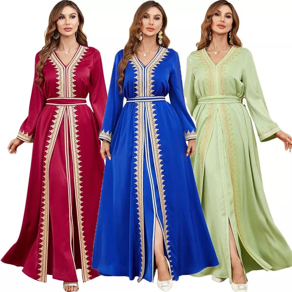 Modest Ramadan Muslim Woman Abaya 2 Piece Set Turkish Robe Solid Tape Trim Full Sleeve V-Neck Belted Clothing