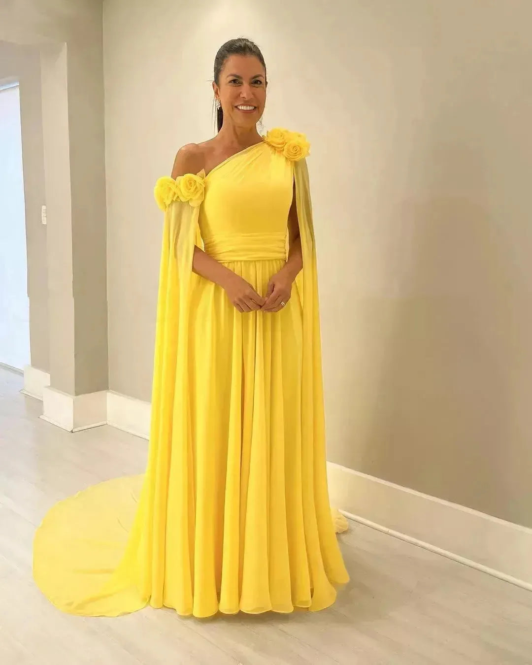 Elegant Yellow Chiffon Prom Dress A-Line One Shoulder With Flowers Floor Length Evening Dress robes de soirée