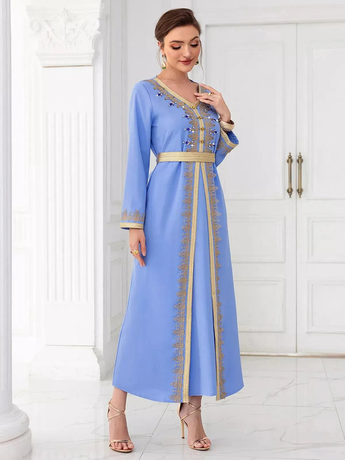 Chic Diamonds Moroccan Kaftan For Women 2 Piece Suit Solid Tape Trim Full Sleeve V-Neck Sashes Elegant Dubai Long Dress Blue Dress