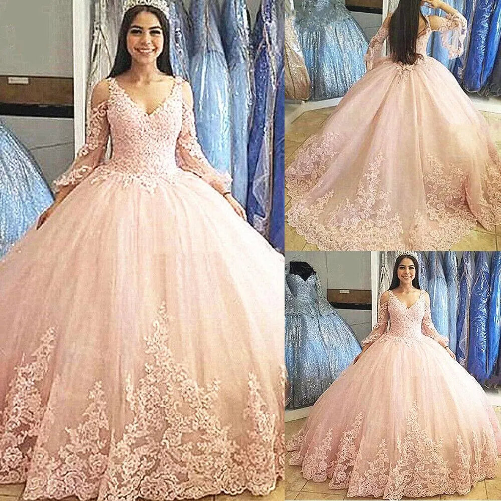 Quince Dress | Long Sleeves Tulle Ball Gown Quinceanera Dresses For 15 Party Fashion Appliques Floor-Length Princess Cinderella Birthday Gowns