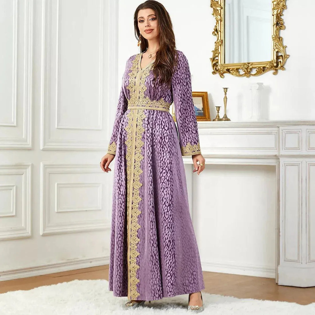 Purple Water Ripple Tape Trim Autumn Winter Velvet Evening Gown Kuwaiti Saudi Dubai V-Neck Belted Muslim Ramadan Dress Purple Dress