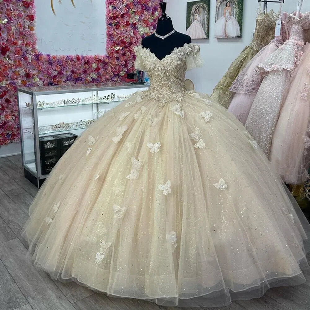 Quince Dress | Luxury Glittering Quinceanera Dresses Butterfly Lace Vestidos De 15 Años Flowers Off Shoulder Corset Birthday Party