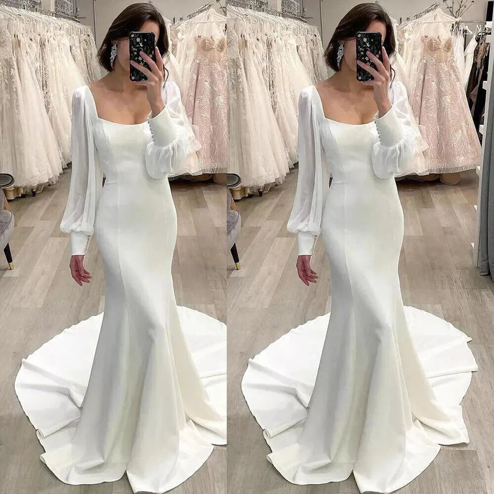 Simple Mermaid Wedding Dresses Woman Zipper Long Sleeves Square Neck Bride Gowns Long Bridal Gowns Custom Vestido De Novia As Picture Mermaid