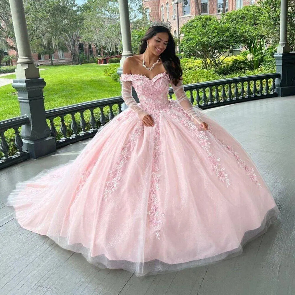 Quince Dress | Pink Floral Quinceanera Dresses Ball Gown Luxury Court Train Formal 15 Years Birthday Parrty Princess Gowns Corset Pink