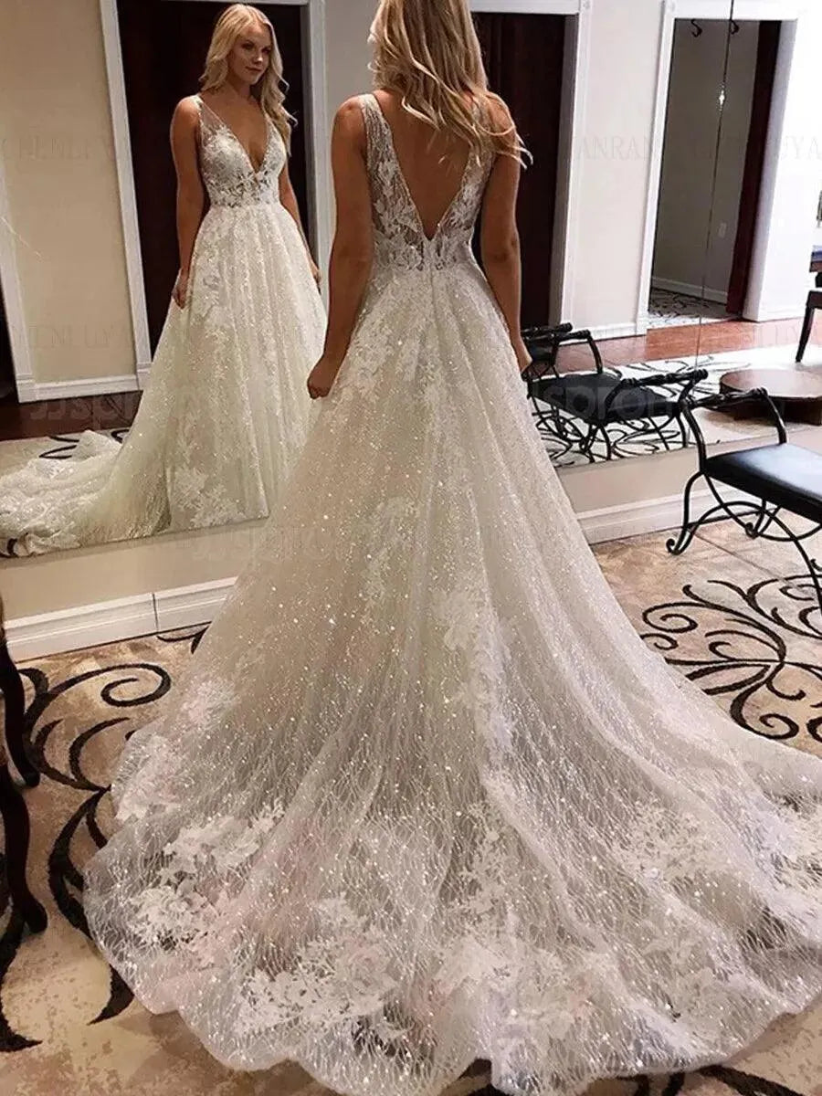 LORIE Ivory Lace Glitter Wedding Dresses Shiny Tulle Beach Bridal Dresses Boho Elegant Wedding Party Gowns Open Back Long Train Boho