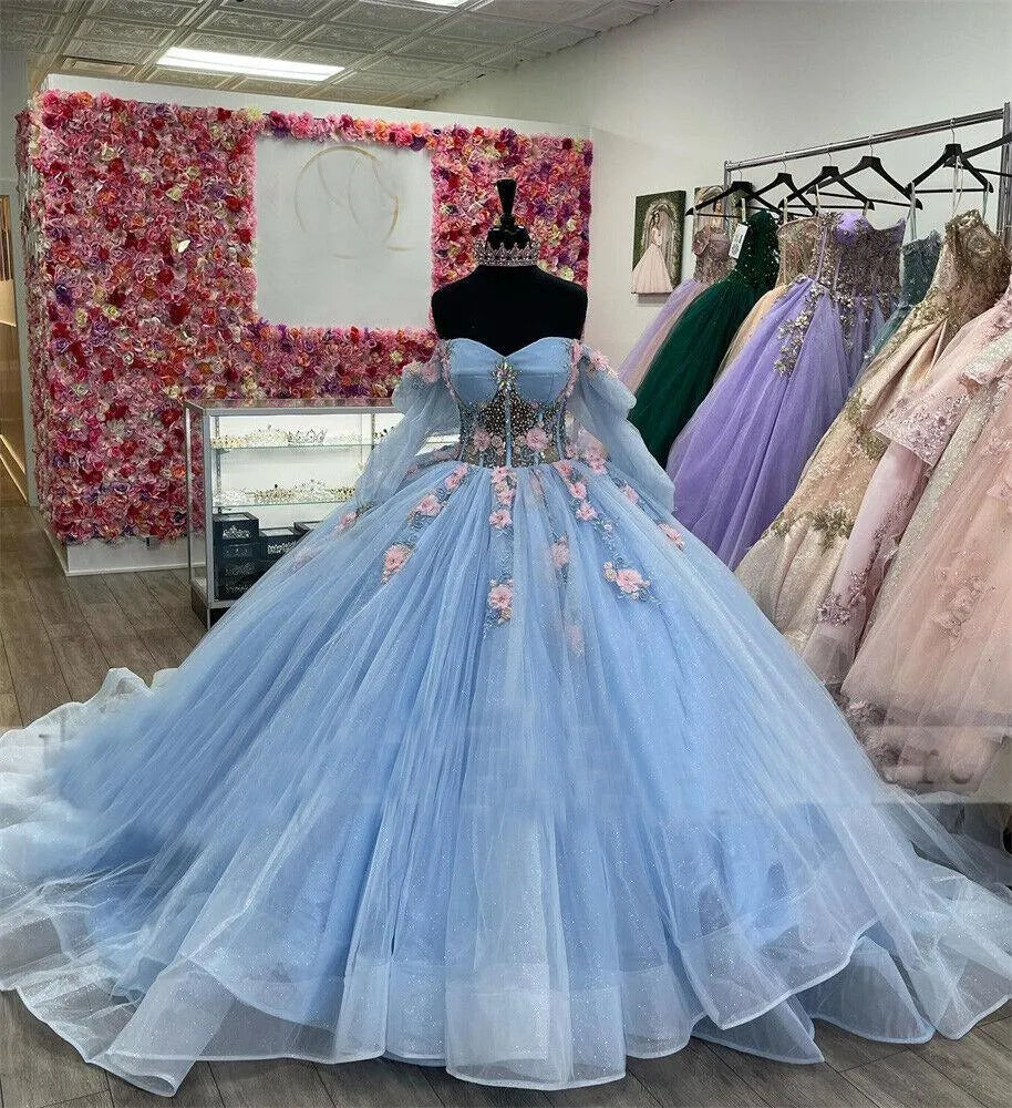 Quince Dress | Glittering Blue Quinceanera Dresses Crystals 3D Flowers Off Shoulder Long Sleeves Beading Vestidos De 15 Anos Party