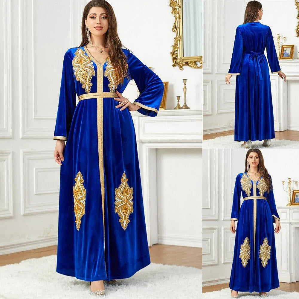 Dubai Autumn Winter Party Velvet Dress Arab Muslim Woman Oriental Gown Shiny Blue Beading Appliques Belted Abaya