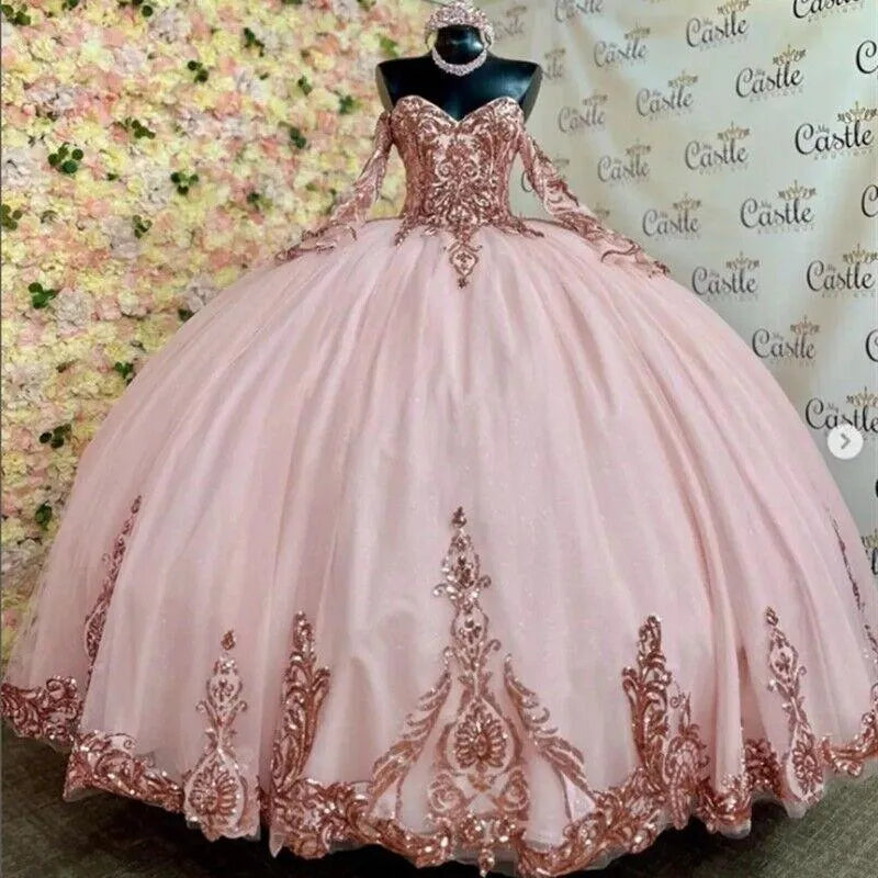 Quince Dress | Pink Quinceanera Dresses Rose Gold Sequin Applique Formal Birthday Party Prom Ball Gown Vestidos De 15 Anos Corset picture pink