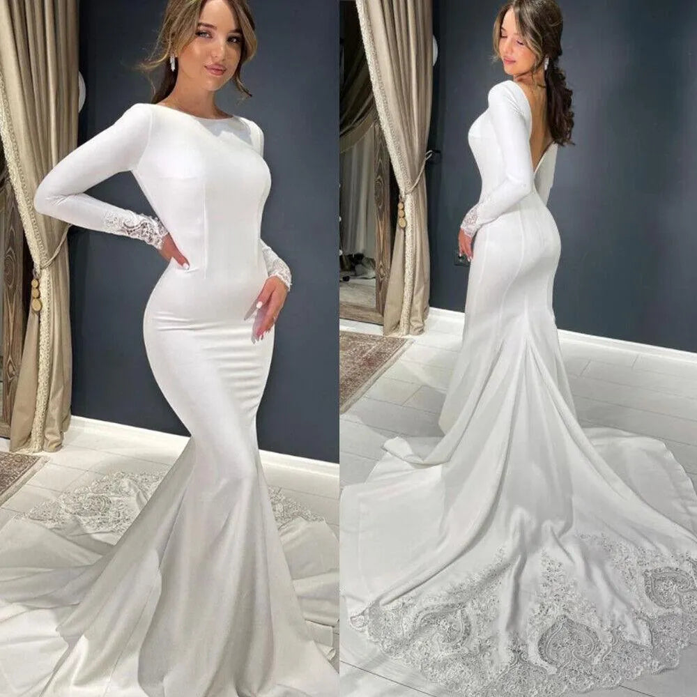 Luxurious Sexy Mermaid Satin Backless Mopping The Floor Wedding Dresses Long Sleeves Bridal Dresses Custom Made Robe Customize Mermaid