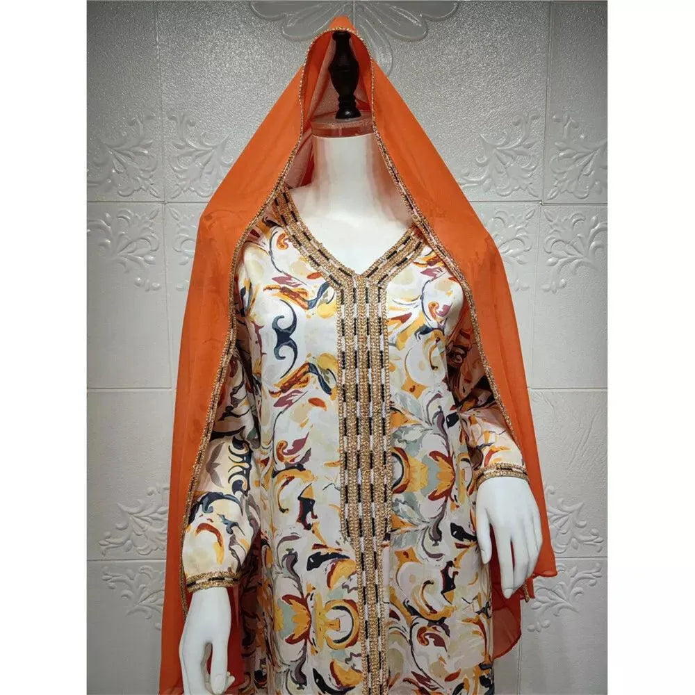 Muslim Abayas Uae Dubai Chic Ethnic Printing Tape Trim Full Sleeve V-Neck Elegant Casual Kaftan Dresses Womens Dubai