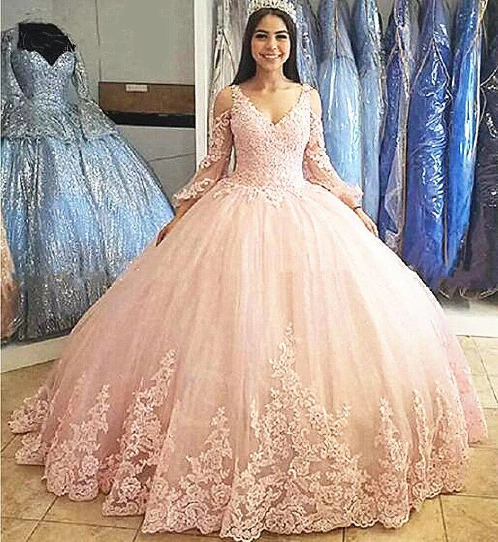 Quince Dress | Long Sleeves Tulle Ball Gown Quinceanera Dresses For 15 Party Fashion Appliques Floor-Length Princess Cinderella Birthday Gowns