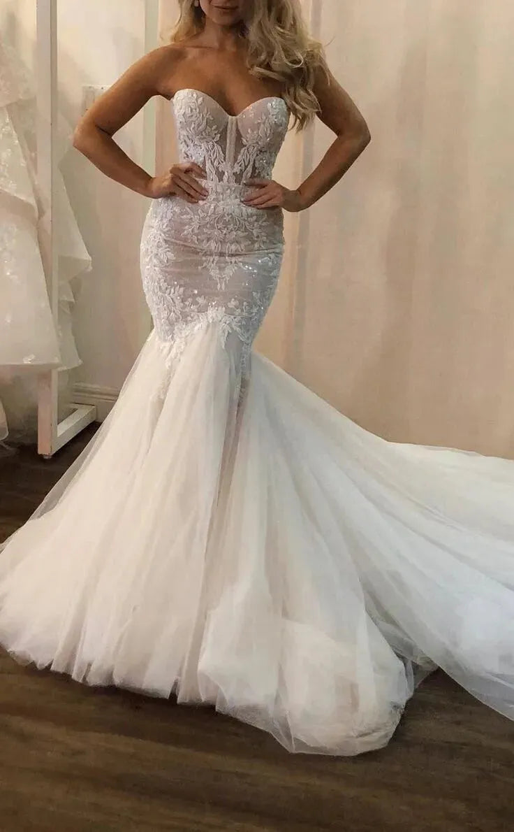 Lace Wedding Dresses Mermaid Strapless Boho Fish Bridal Gowns Open Back Princess Party Gowns With Puffy Tulle Skirt Ivory