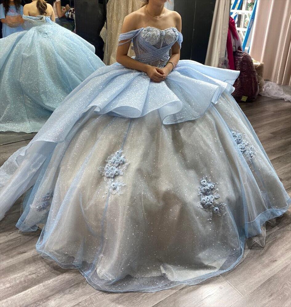 Quince Dress | Glittering Blue 3D Flower Quinceanera Dresses Beading Floral Lace Crossed Tulle Vestidos De 15 Anos Birthday Party