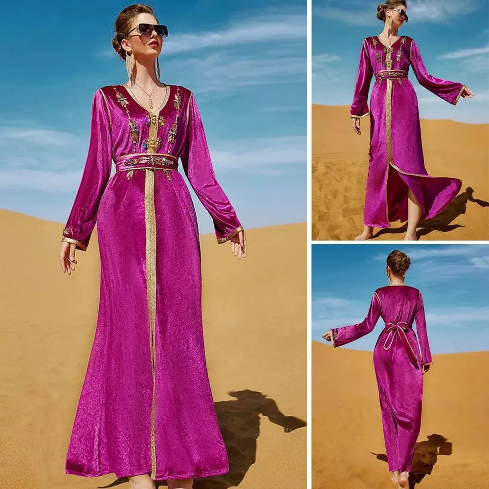 Fashion Luxury Evening Party Gown Velevet Diamond Long Sleeve V Collar Dress With Sashes Autumn Winter Saudi Women Robe
