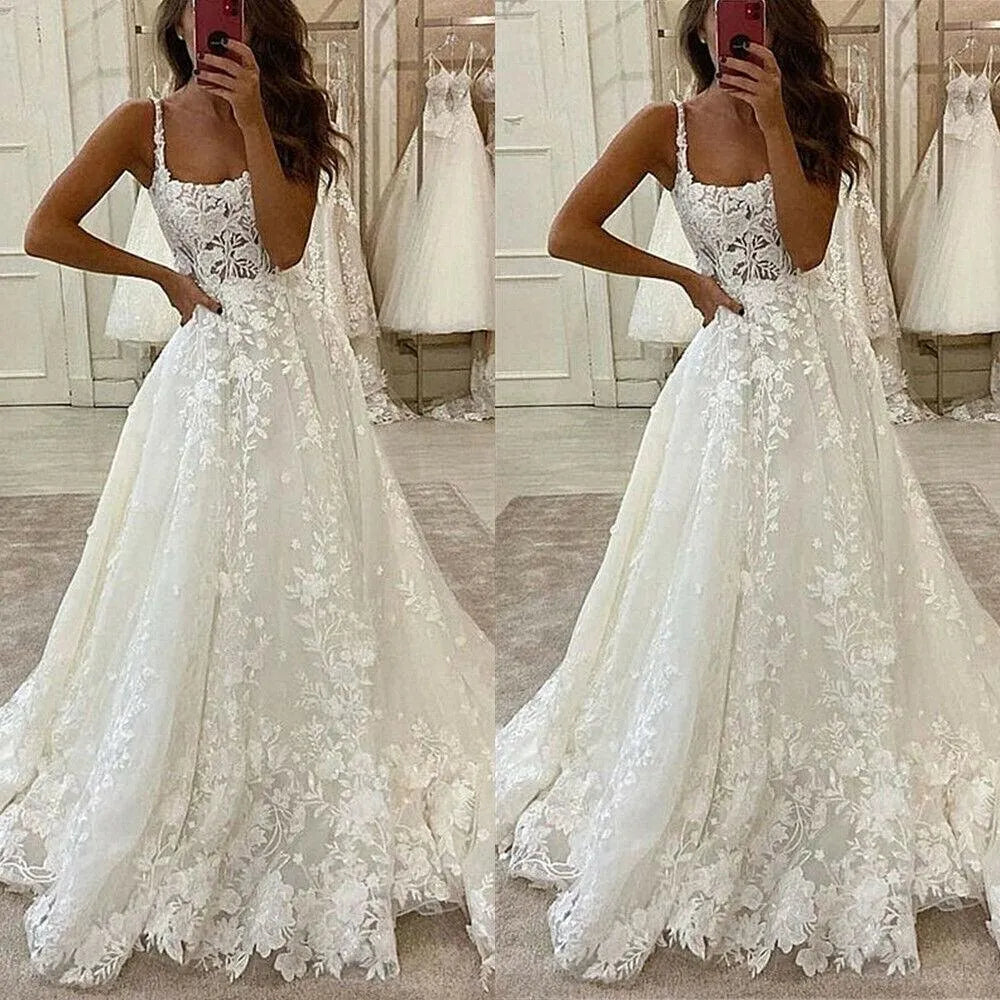 Princess Wedding Dresses Lace Appliques Beach Bridal Gowns Boat Neck Spaghetti Straps Boho Country Wedding Gown Open Back Boho