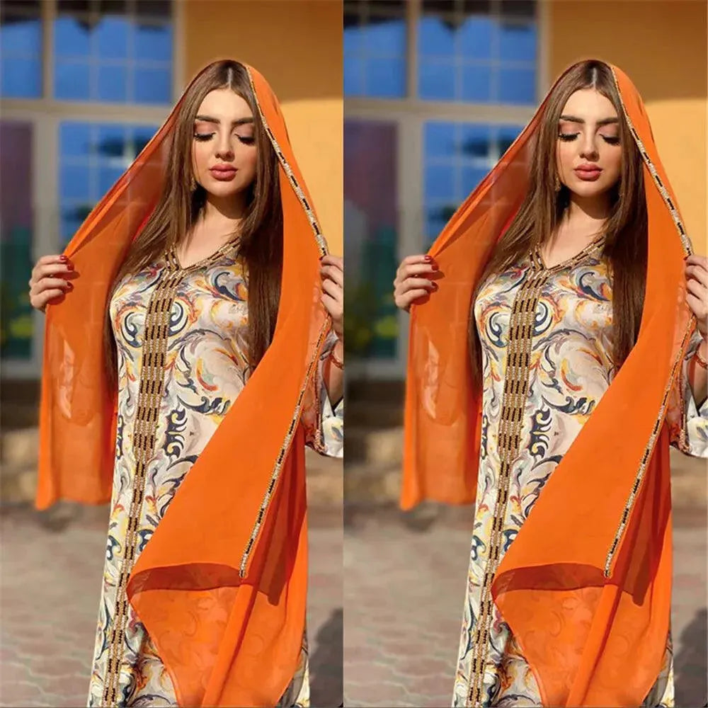 Muslim Abayas Uae Dubai Chic Ethnic Printing Tape Trim Full Sleeve V-Neck Elegant Casual Kaftan Dresses Womens Dubai