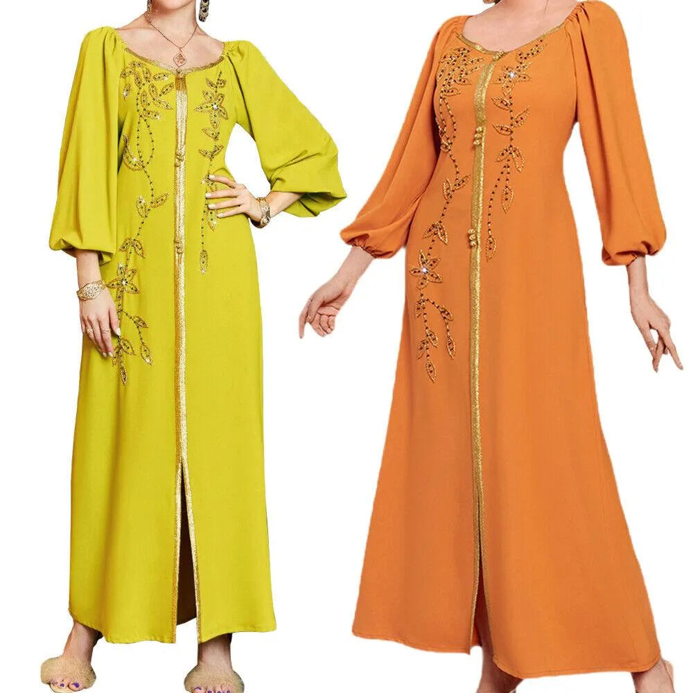 Fashion Lantern Sleeve Party Evening Dresses for Women Muslim Moroccan Kaftan Dubai Abaya Rhinestone Ribbon Beaded Eid