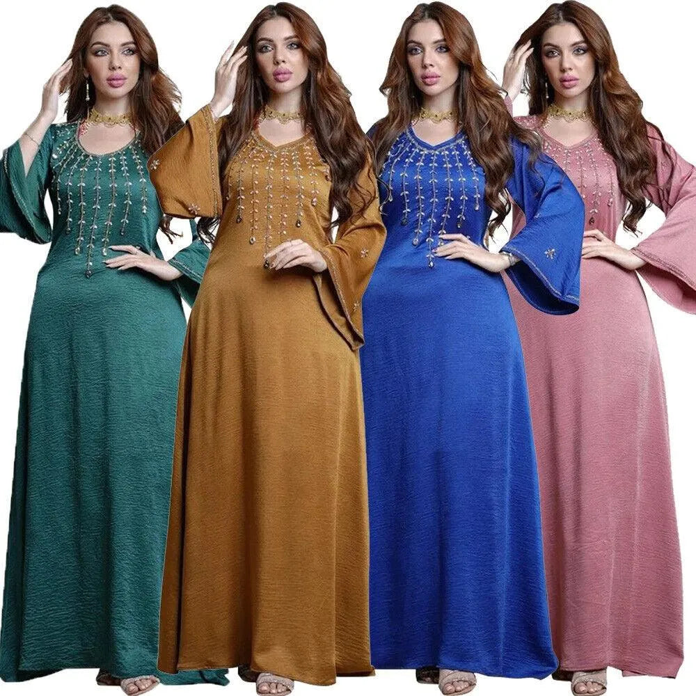 Ramadan Abayas For Muslim Women Arabic Turkish Islamic Clothing Kuwaiti Solid Diamonds Loose Marocain Gulf Dress