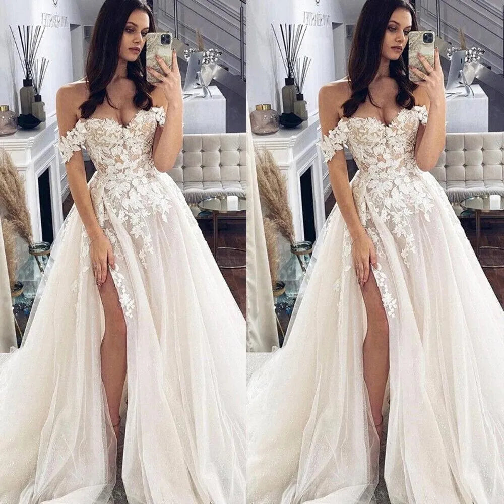 Luxurious Boho Off Shoulder Mopping Wedding Dresses Sweetheart Lace Beautiful Bridal Gowns Side Split Corset Sleeveless New Boho