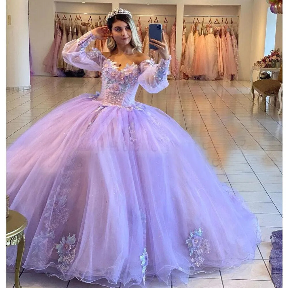 Quince Dress | Lilac Quinceanera Dress Puffy Off-Shoulder Sleeves 3D Flowers Vestidos De 15 Anos Formal Party Prom Ball Gown