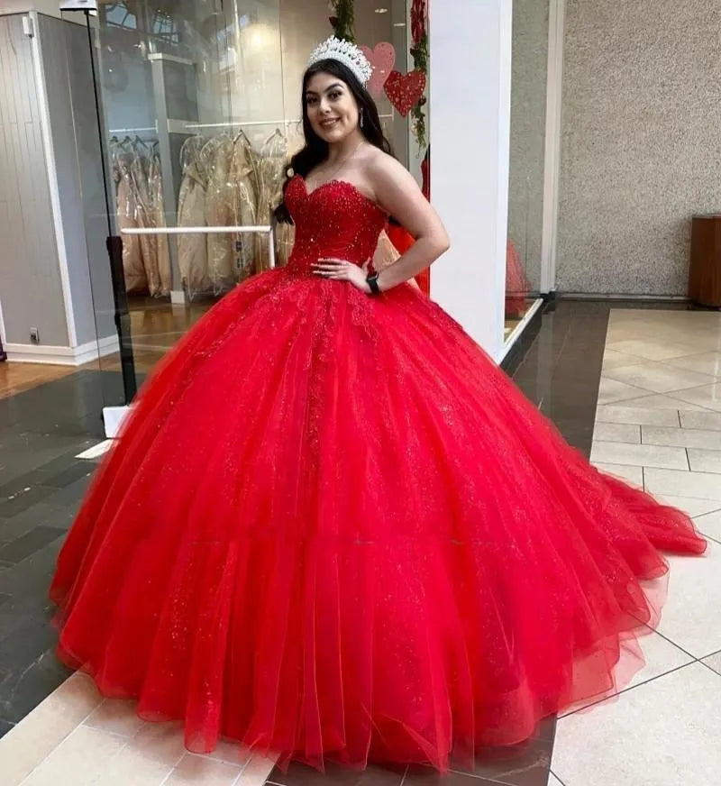 Quince Dress | Red Shiny Ball Gown Quinceanera Dresses Vestidos De 15 Años Corset Back Floor Length Luxury Princess Birthday Party