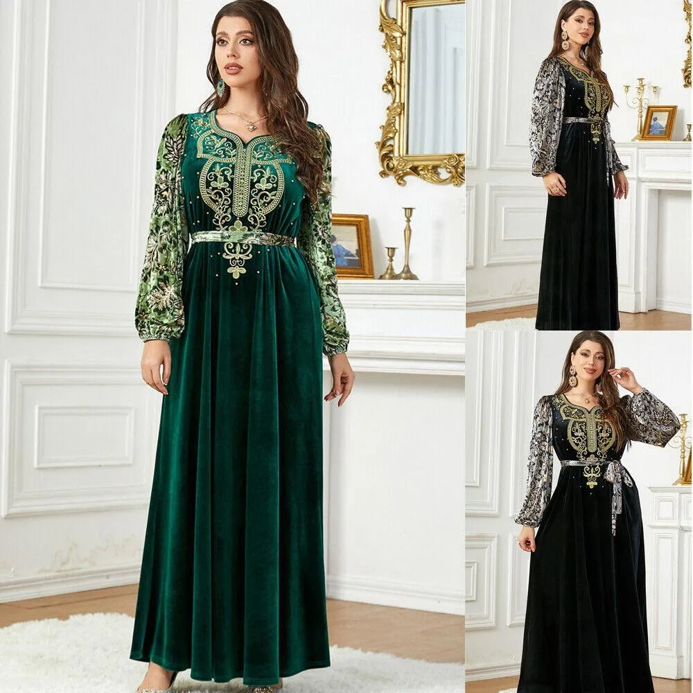 Siakakia Muslim Ramadan Eid Autumn Winter Velvet Beading Embroidery Floral Lantern Sleeve V-Neck Jalabiyat Moroccan Belted Abaya