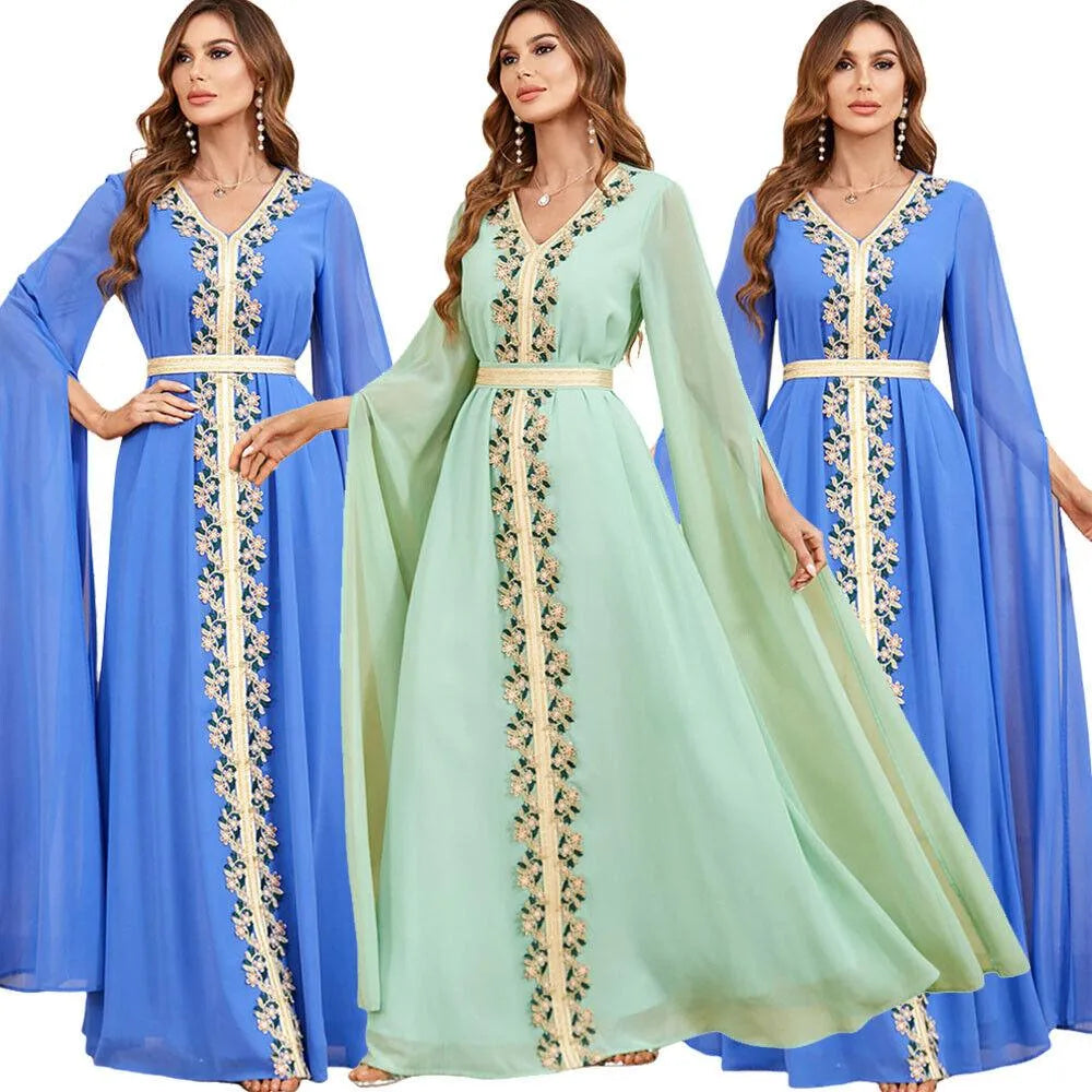 Muslim Dress Dubai Caftan Women Basic Solid Lace Tape Super Full Sleeves V-Neck Sashes Moroccan Islam Abaya