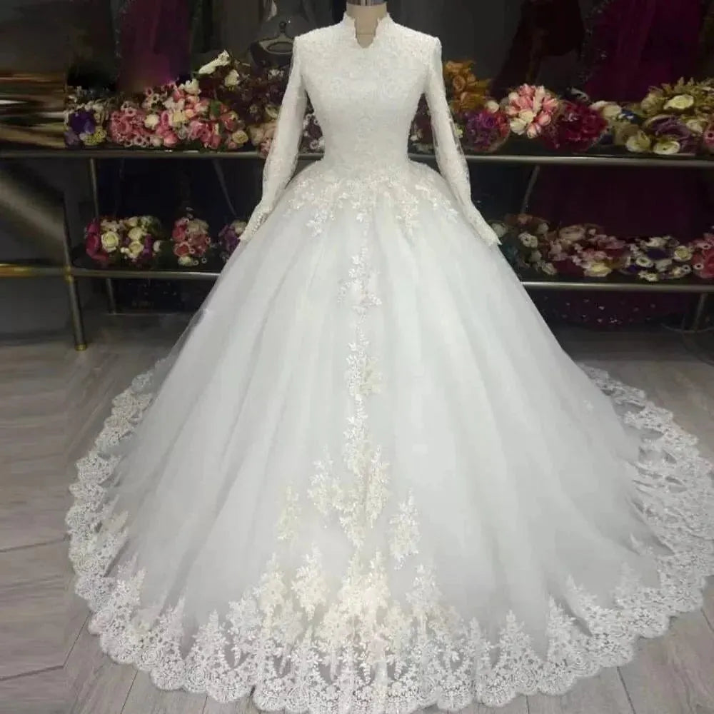 Vestido De Noiva Plus SIze High Neck Lace Applique Ball Gown Wedding Gowns Long Sleeve Muslim Wedding Dresses for Women