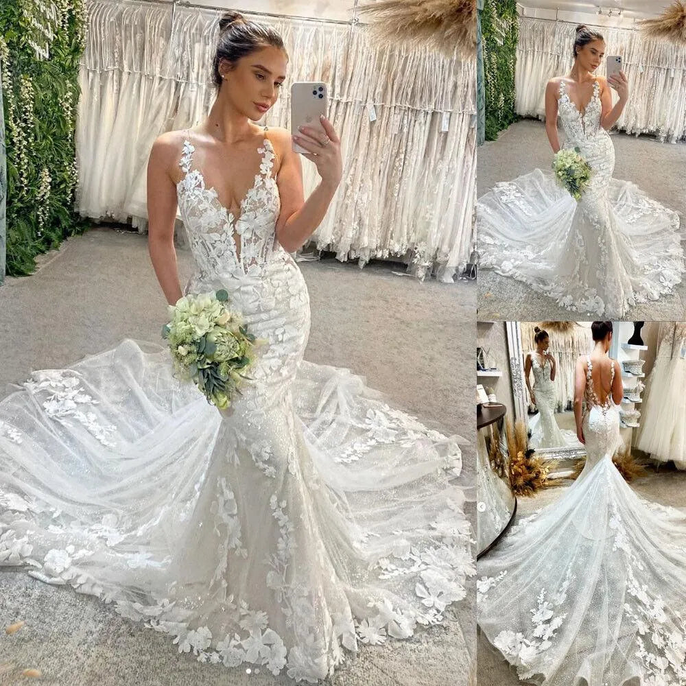 Luxury Mermaid Wedding Dresses WomenLace Open Back V-Neck Applique Spaghetti Straps Bridal Gown Train Vestidos De Novia ivory