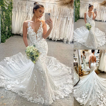 Luxury Mermaid Wedding Dresses Womenlace Open Back V-Neck Applique Spaghetti Straps Brudklänning Train Vestidos de Novia