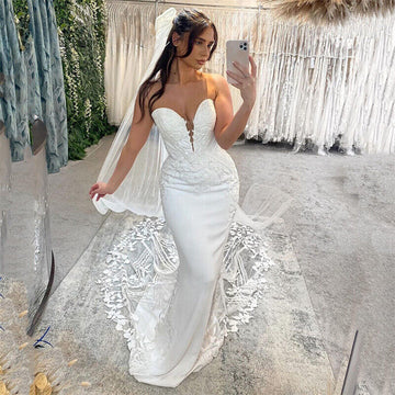 Robe De mariée sirène en dentelle pour femmes, dos ouvert, sans bretelles, avec des appliques, avec traîne De balayage 