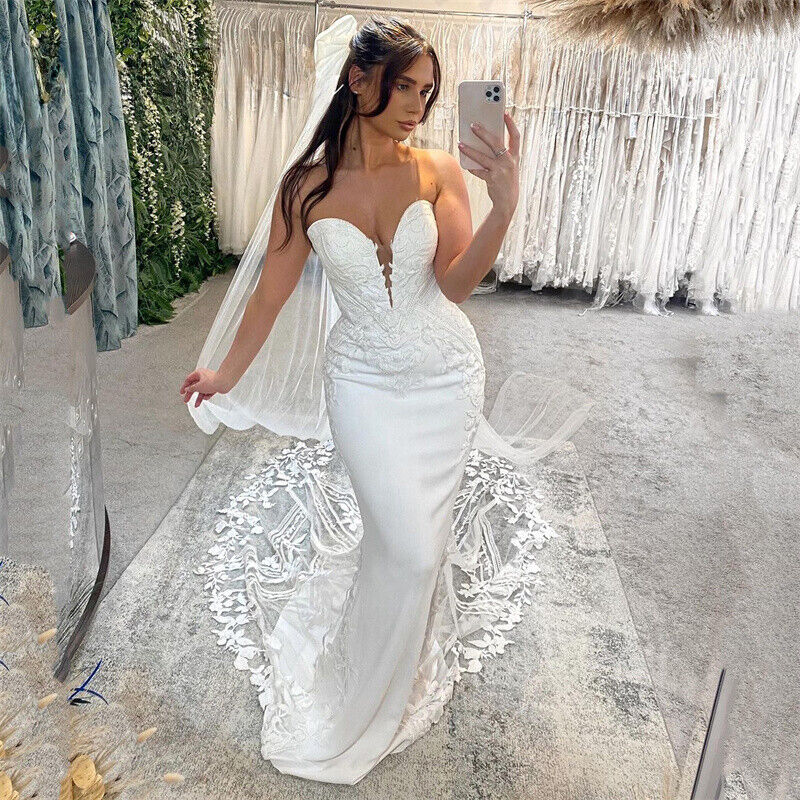 Mermaid Wedding Dress Women Open Back Lace Sweetheart Strapless Applique Bridal Gown Sweep Train Vestidos De Novia