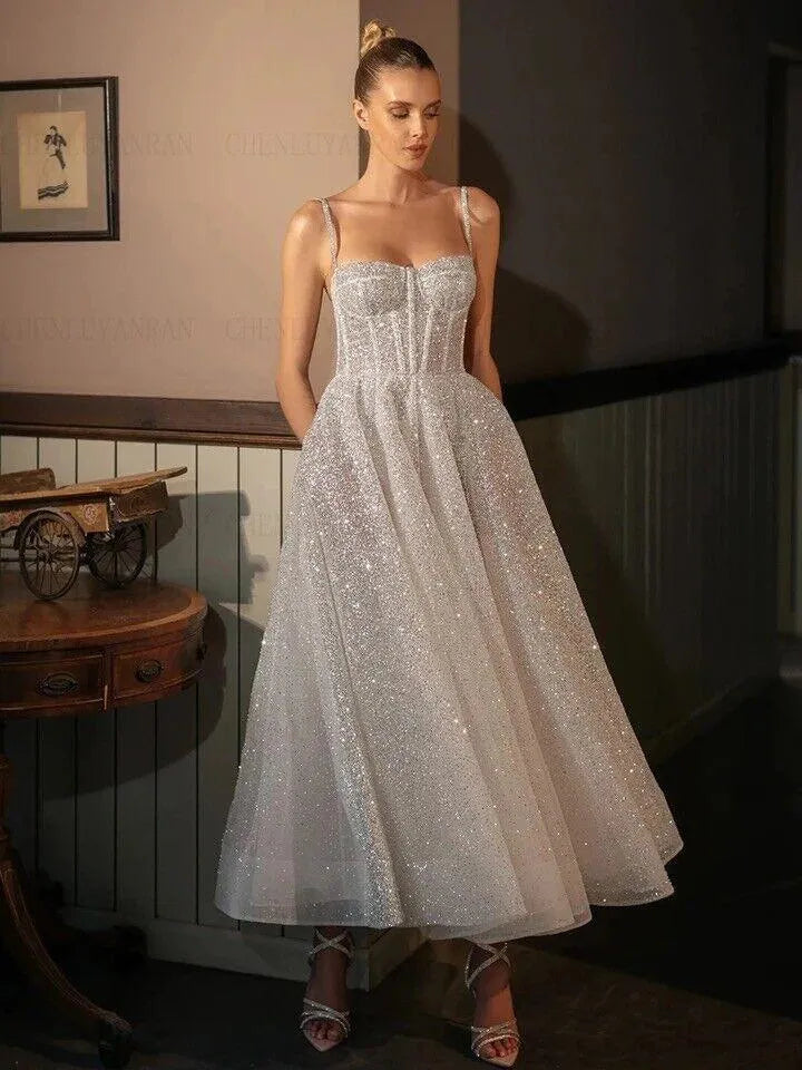 Shiny Sweetheart Princess Wedding Dresses Glitter Tulle Sexy Spaghetti Straps Ankle Length Boho Bride Dresses