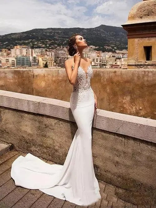 Vintage Wedding Dresses Classic Bridal Gowns Lace Appliques Satin Sheath Mermaid Sleeveless Backless Robes Vestidos De Novia Mermaid