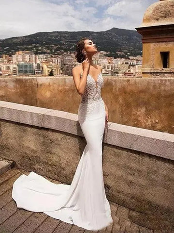 Vintage Wedding Dresses Classic Bridal Gowns Lace Appliques Satin Sheath Mermaid Sleeveless Backless Robes Vestidos De Novia Mermaid