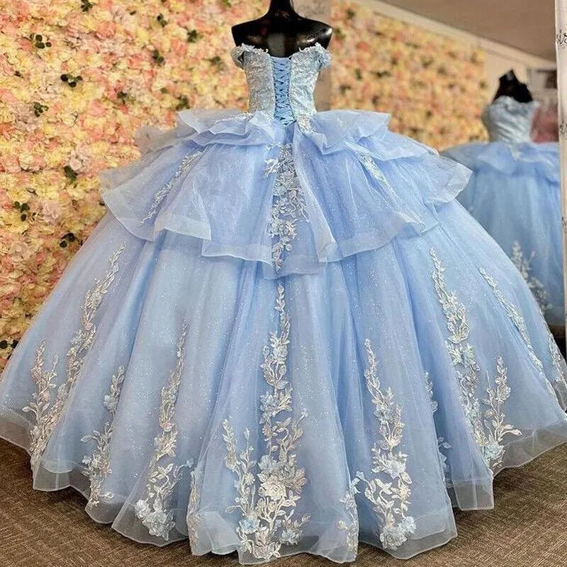Quince Dress | Glittering Light Blue Quinceanera Dress Ruffles Off The Shoulder Sweetheart Robes De Soirée Vestidos De 15 Anos light blue