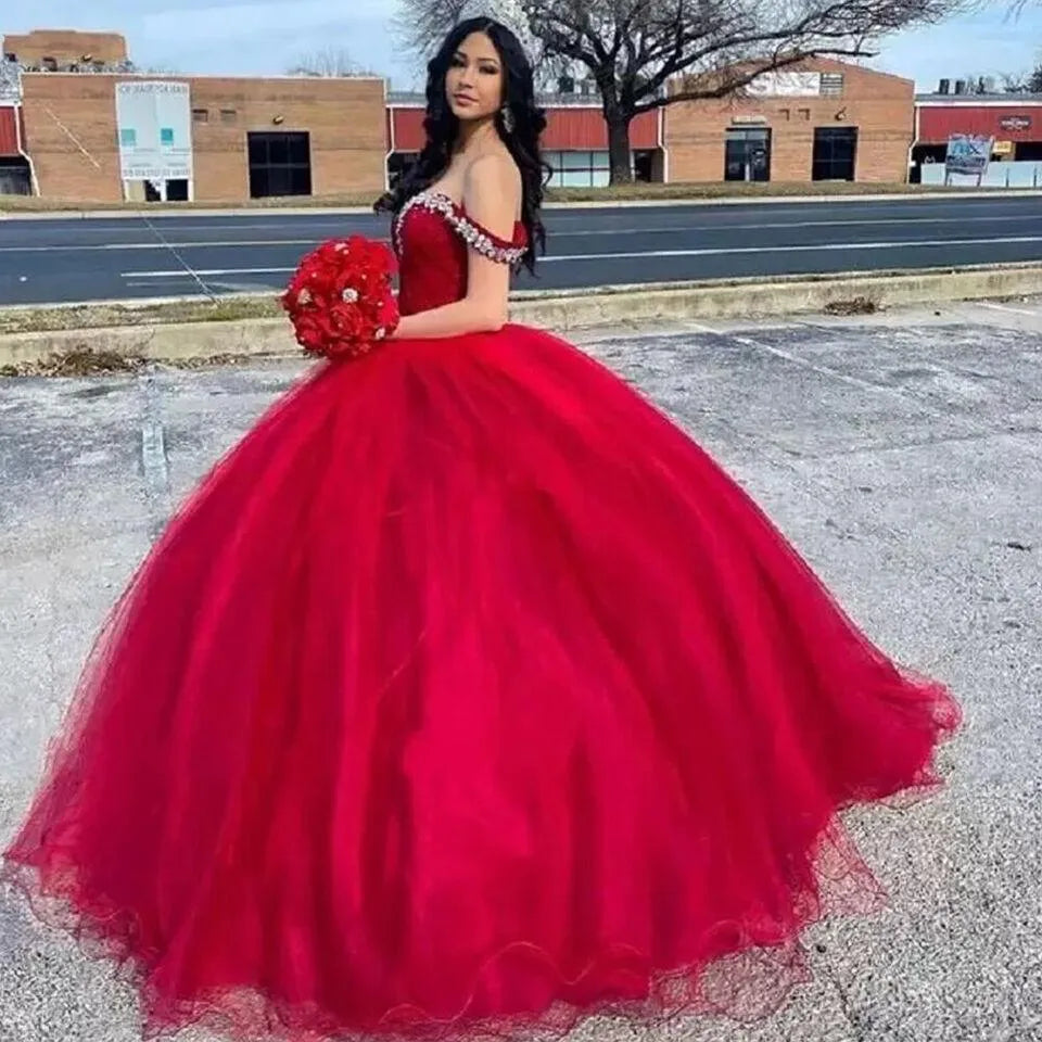 Quince Dress | Sweetheart Ball Gown Quinceanera Dresses Vestidos De 15 Anos Fashion Crystal Off-Shoulder Birthday Party Gowns