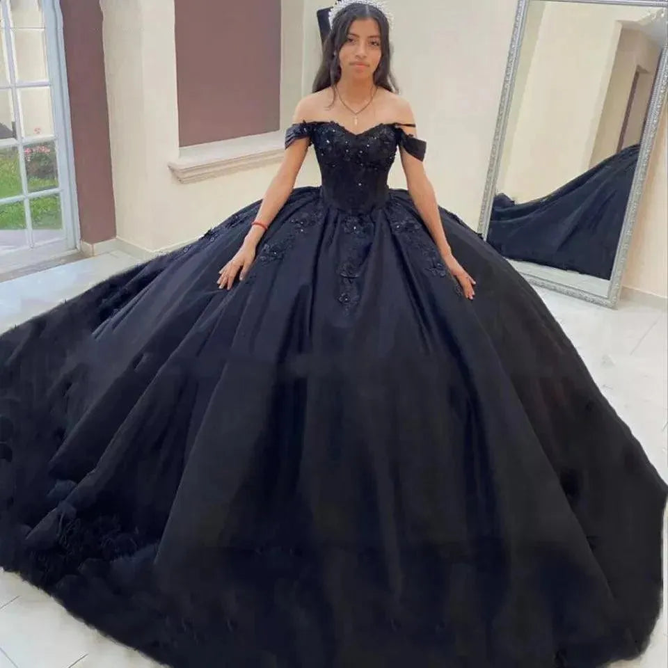 Quince Dress | Black Quinceanera Dresses 3D Flower Beading Lace Ruffles Pleat Tulle Vestidos De 15 Anos Birthday Party Prom Corset Black