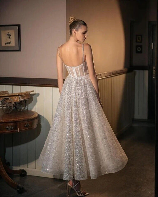 Vestidos de novia estilo princesa con escote en forma de corazón y brillantes, de tul brillante, sexys, con tirantes finos y largo hasta los tobillos, estilo bohemio 