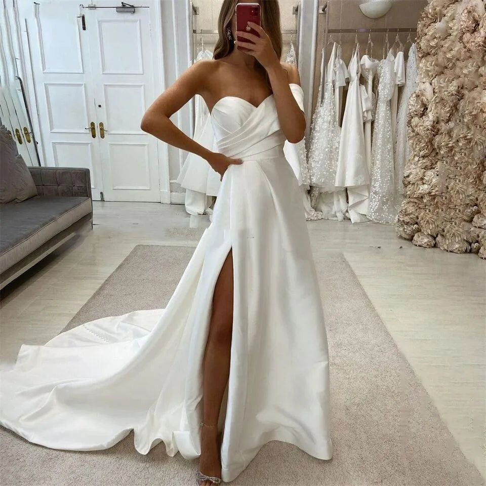 Luxury Solid Wedding Dresses One Shoulder Side Slit Satin A-Line Evening Prom Dress Shiny Off Shoulder Pleated Bride Gowns Ivory Satin