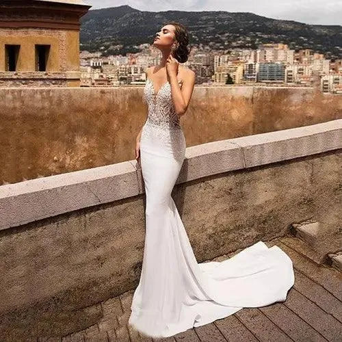 Vintage Wedding Dresses Classic Bridal Gowns Lace Appliques Satin Sheath Mermaid Sleeveless Backless Robes Vestidos De Novia Mermaid