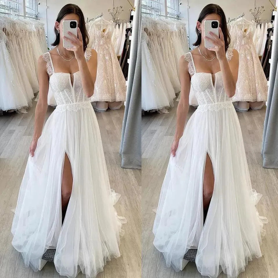Vintage Boho Wedding Dresses Lace Wedding Gowns Split Side Beach Bridal Dress Women Straps Pleated Vestidos de Noiva Tulle